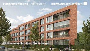 Ein modernes, dreigeschossiges Wohngebäude aus roten Ziegeln, umgeben von Bäumen und einer gepflegten Grünfläche.