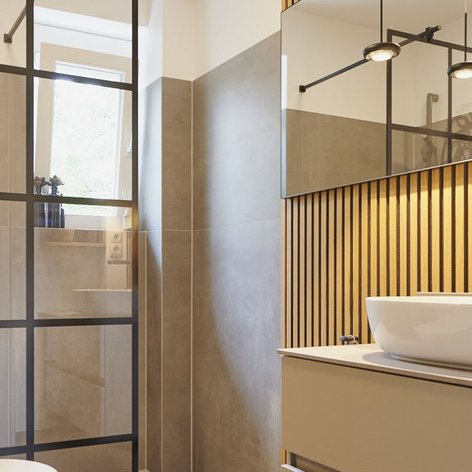 Ein modernes Badezimmer mit einer eleganten Dusche, die durch schwarze Gitterwände abgetrennt ist, und warmen Holzdetails.