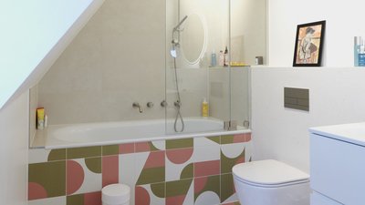 Das Badezimmer zeigt eine stilvolle Badewanne, eine Dusche und eine helle, minimalistische Einrichtung mit dekorativen Elementen.