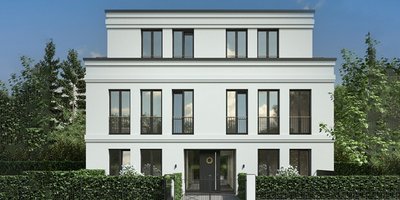 Ein modernes, dreigeschossiges Wohnhaus mit weißen Wänden und großen Fenstern, umgeben von üppigem Grün und einem gepflegten Garten.