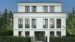 Ein modernes, dreigeschossiges Wohnhaus mit weißen Wänden und großen Fenstern, umgeben von üppigem Grün und einem gepflegten Garten.